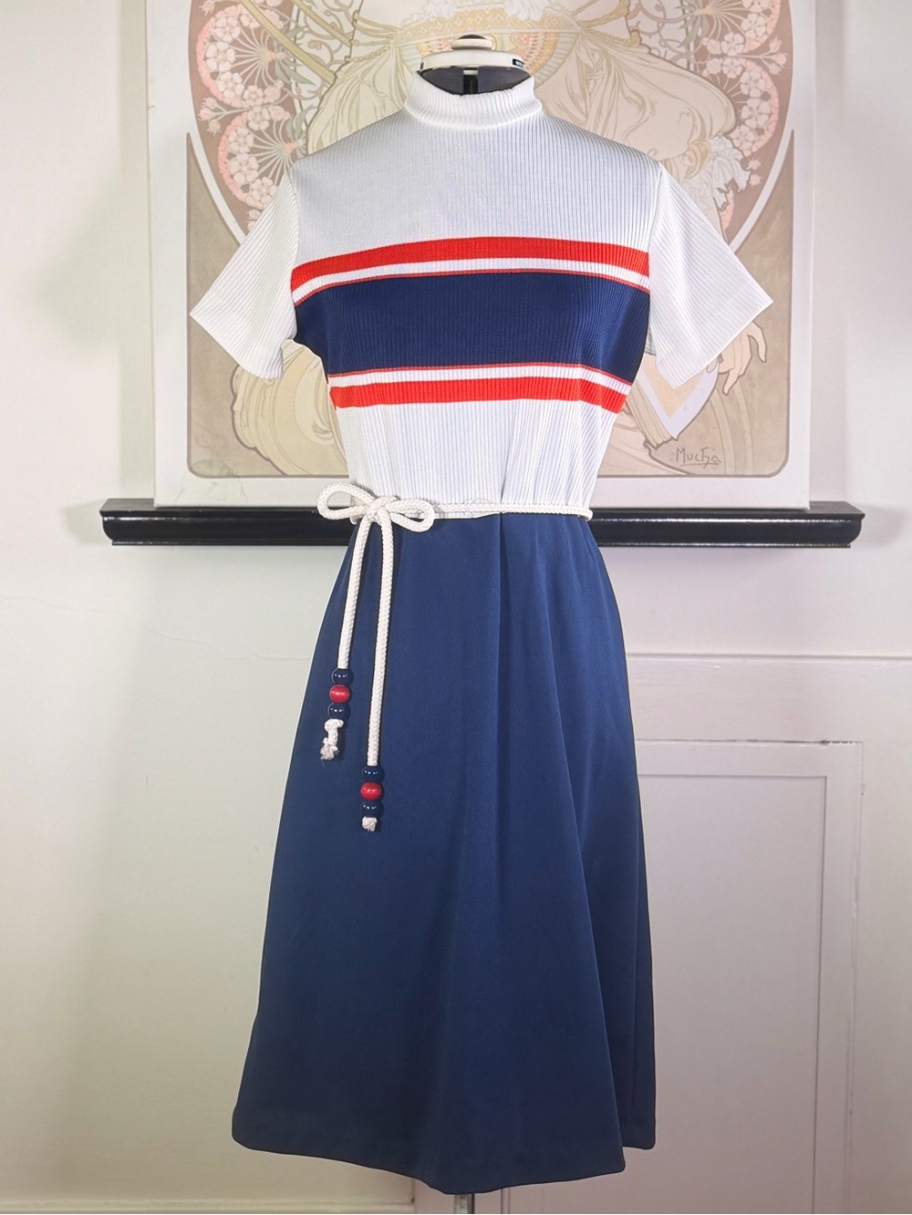 Vintage 70s Toni Todd Color‎ Blocking Mock Neck Short Sleeve A Line Mod Dress M